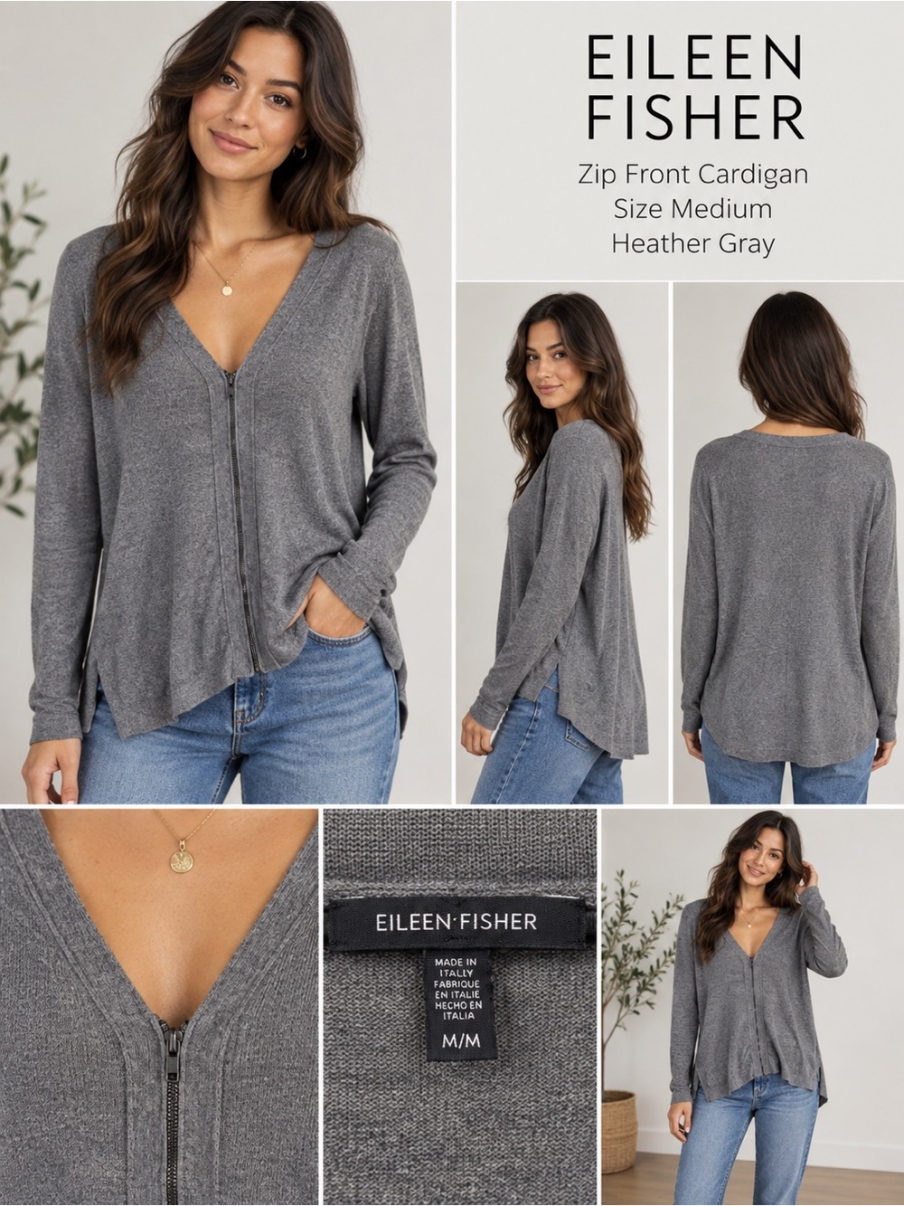 Eileen Fisher Women’s Gray Zip Front Cardigan Sweater Size Medium